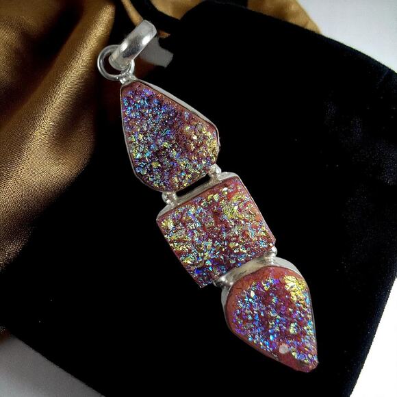 Sterling Silver Dichroic Glass Pendant Red Gold Iridescent 3" with Chain - Picture 1 of 10